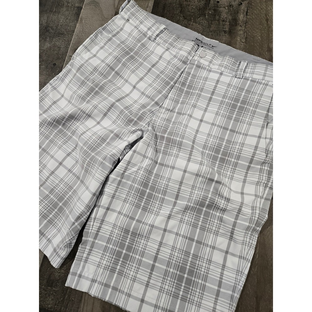 Nike Golf Dri-FIT Shorts Mens 34 Grey White Plaid Performance Flat‎ Front